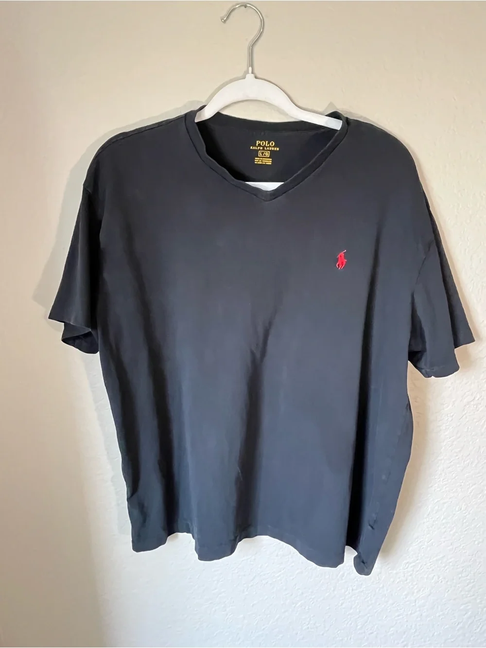 Polo Ralph Lauren Black V-Neck T-Shirt Red Pony Logo 100% Cotton Men's Large